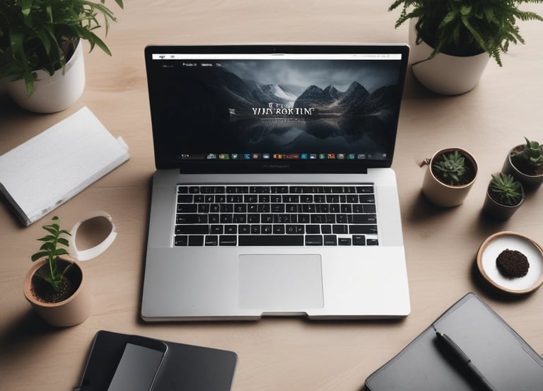 A creative workspace with a laptop, sketches of logos, and marketing plans spread out.