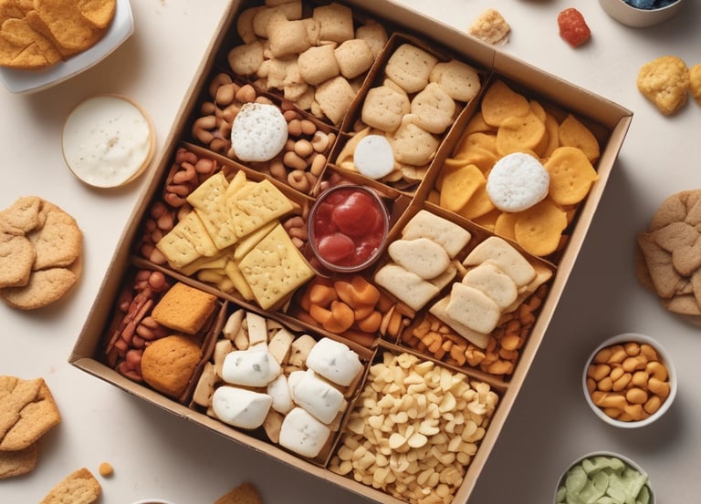 A colorful party snack box with a variety of bite-sized treats arranged neatly.