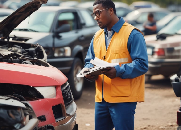 A rugged salvage yard with neatly stacked cars under a bright Texas sky.