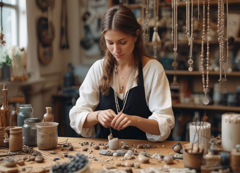 Mujer creando macramé blanco hecho a mano en su estudio.
