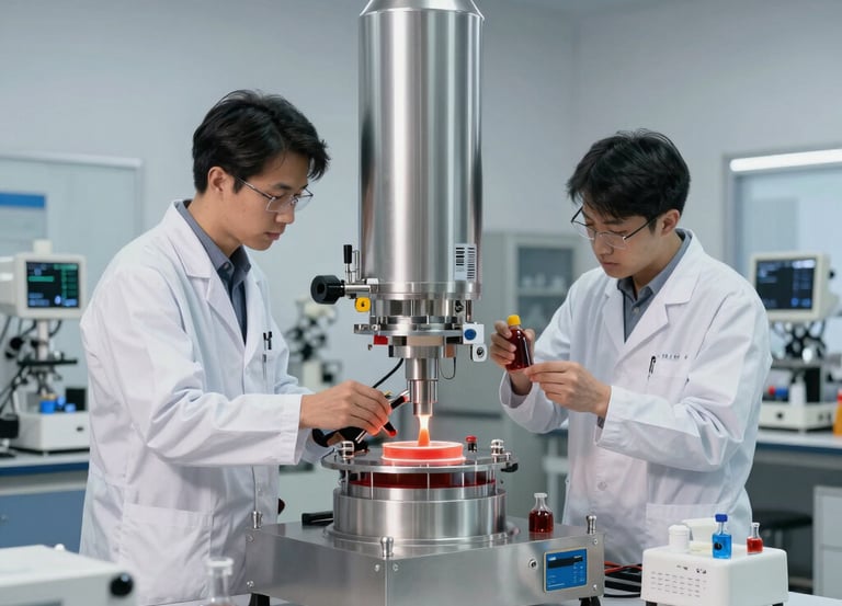 Close-up of high-purity ceramic powders and metal samples arranged on a lab bench.