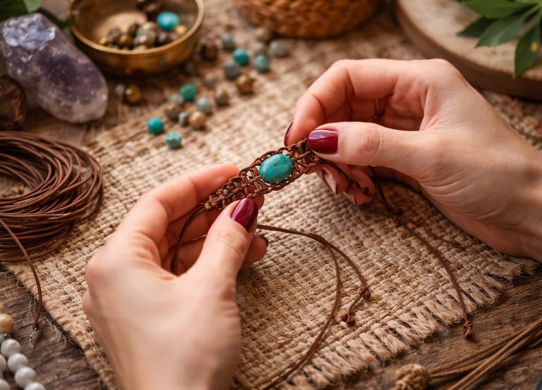 Pulsera tejida de macramé con una turquesa en el centro
