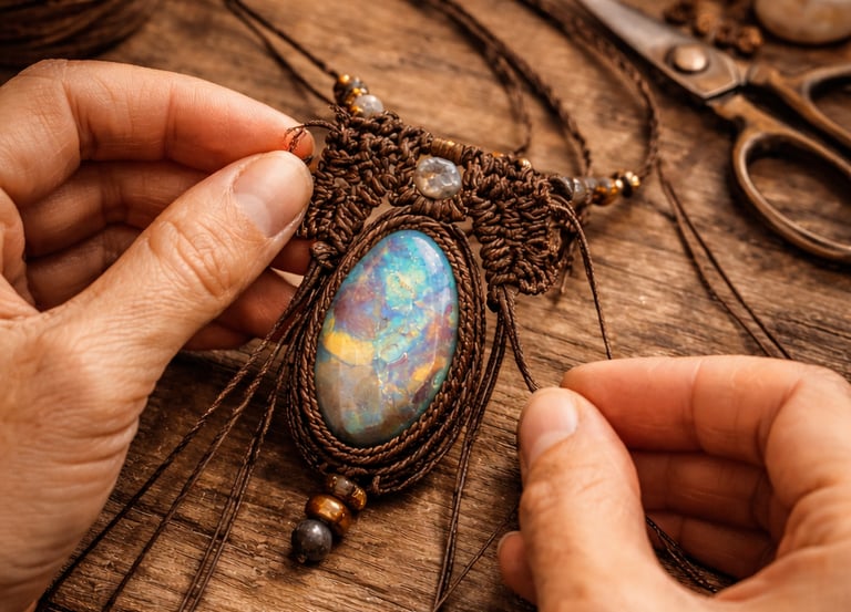 Collar de macramé en color cafe con piedra ópalo montada