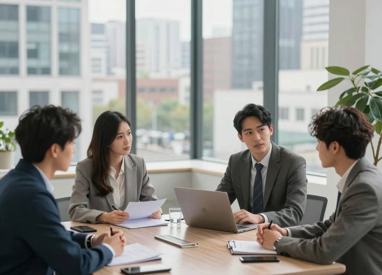 A professional team reviewing government tender documents in a modern office with navy blue and gold accents.