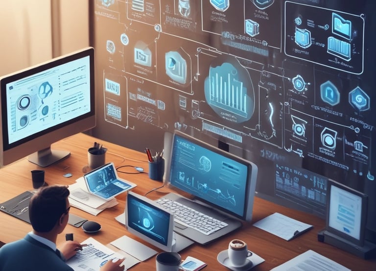 Professional team collaborating around a laptop with cloud and digital icons overlay.