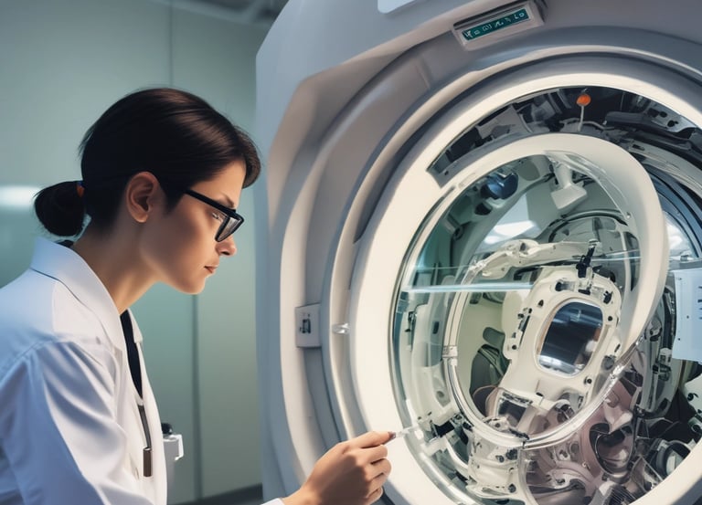 A medical technician using a tablet to monitor equipment status in a hospital setting.