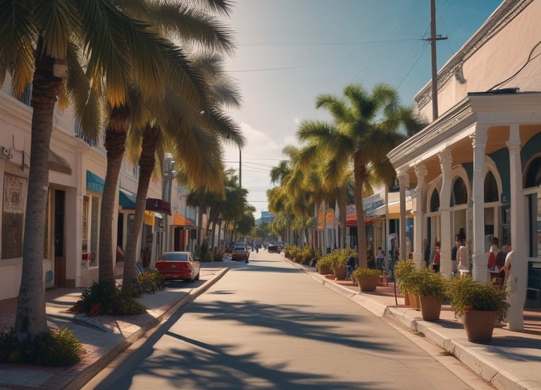 A vibrant downtown Charlotte County street scene with colorful storefronts and pedestrians.