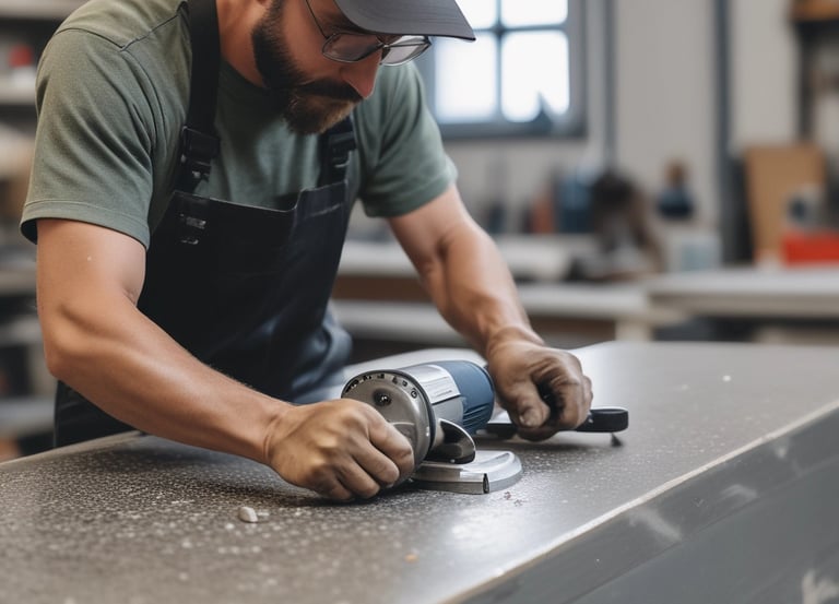 A skilled craftsman installing sleek quartz countertops in a modern hotel kitchenette.