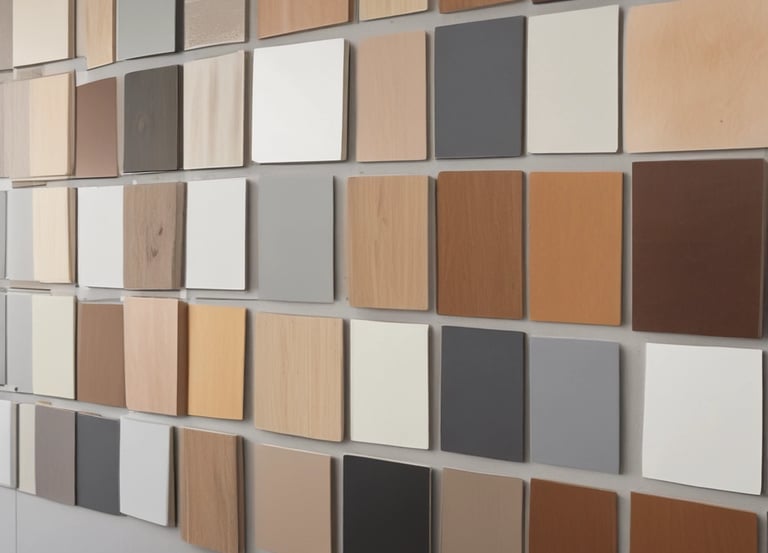 Close-up of sleek laminate cabinets and quartz countertops installed in a hotel guest room.