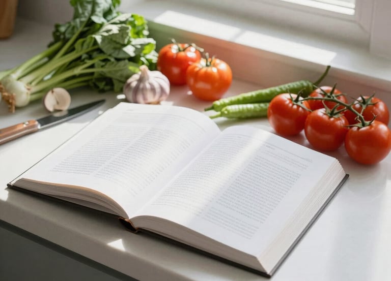 A cozy kitchen scene with warm cream tones, a rustic wooden table holding an open devotional book beside a bowl of fresh ingredients.