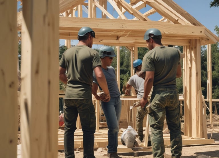 A friendly neighborhood gathering where people share tools and skills outdoors.