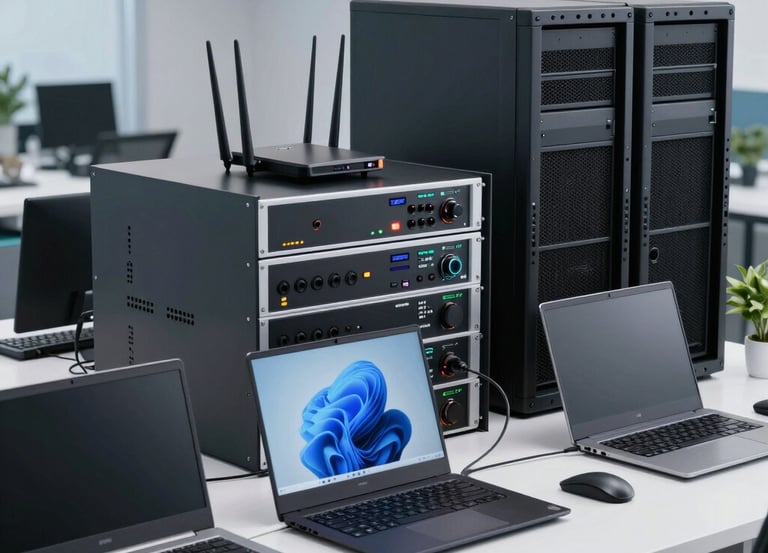 A sleek professional office setup showcasing laptops, servers, and networking equipment.