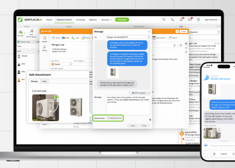 ServiceM8 field service management software showing SMS job updates and photos on a laptop and smartphone.