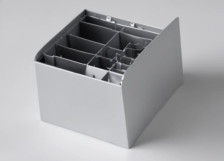 Close-up of metal press parts and copper strips neatly arranged on a workshop table.