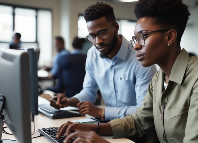 A team of IT professionals collaborating over laptops and digital devices in a modern office.