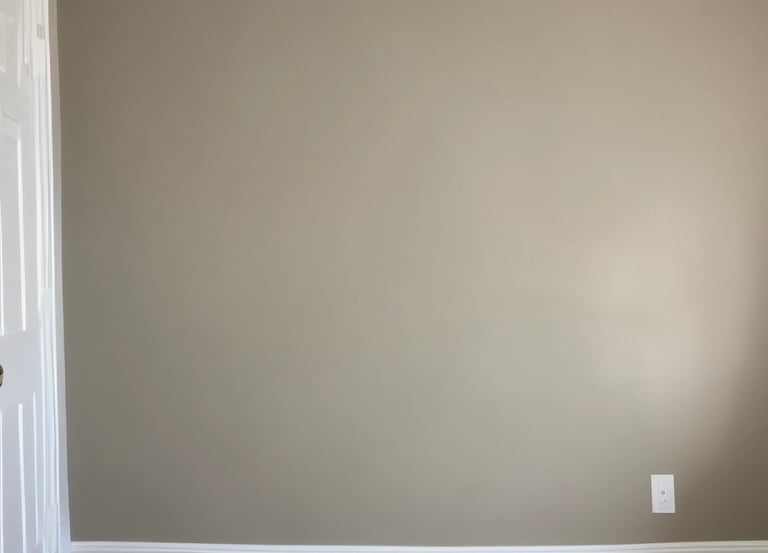 Painter applying smooth coat on a home's exterior wall under bright daylight.