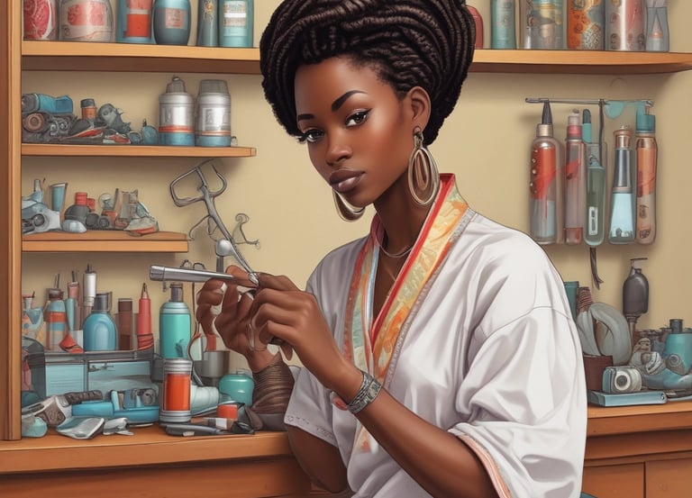 A friendly hairstylist braiding a client's hair in a cozy home setting.