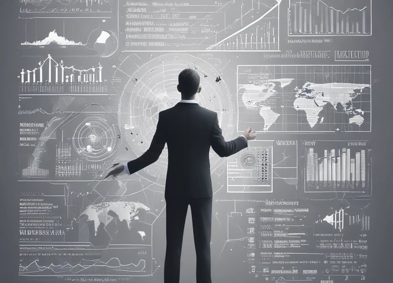 A focused professional analyzing complex data visualizations on multiple screens in a modern office.