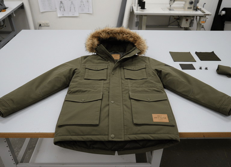 An olive green parka with a faux-fur hood laid flat on a professional cutting table.
