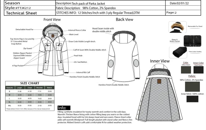 Detailed garment technical sheet showing front, back, and inner views with fabric specifications and