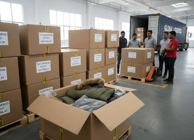 Workers in a bright warehouse organizing labeled boxes for "Custom Apparel Studio" near a shipping c