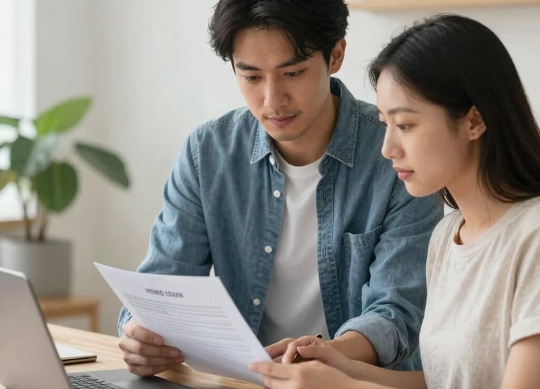 A friendly mortgage broker discussing options with a young couple in a cozy home setting.