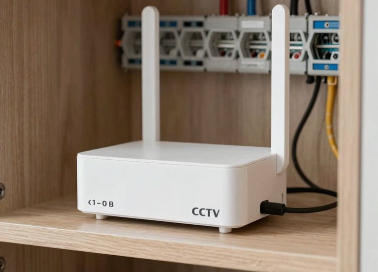 Technicians installing network cables in a modern office environment.