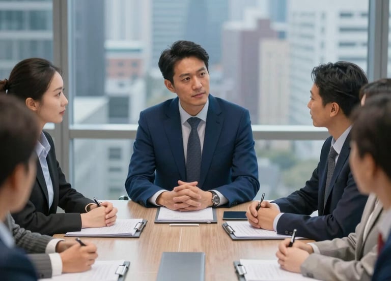 A medium shot of a diverse group of professionals in a boardroom engaged in focused discussion. The background is a blurred cityscape through large windows. The lighting is cool and natural. The professional attire includes brand colors like #2B4E6B. Focus on collaboration.