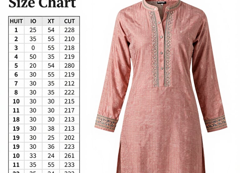 A vibrant display of diverse kurtis arranged with measuring tape highlighting bust, waist, and length dimensions.