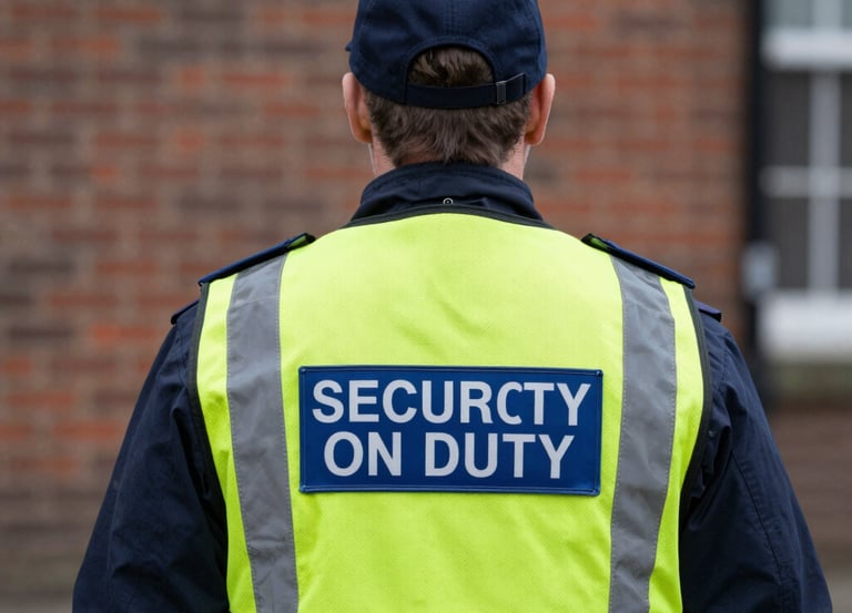 A vigilant SIA-licensed security officer standing alert outside a commercial building in the UK.