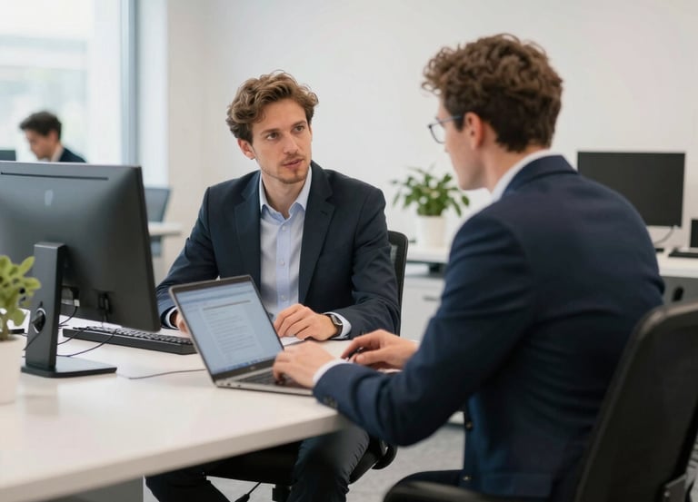 Elegant modern office with blue and gold accents symbolizing trust and growth.