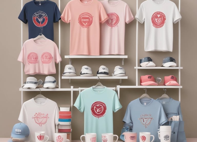 A cozy workspace with colorful custom t-shirts and mugs displayed on shelves.