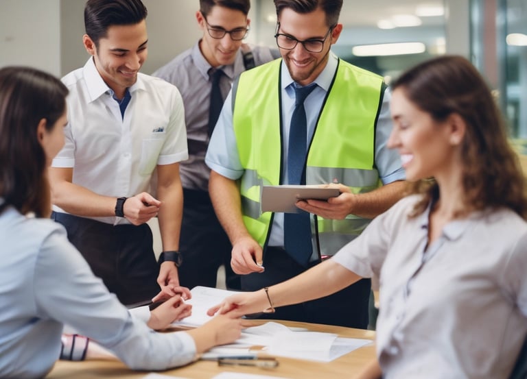 Team member writing detailed procedures on a whiteboard in a bright office.