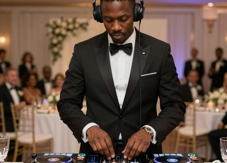 A lively DJ spinning tracks at a vibrant party with colorful lights.