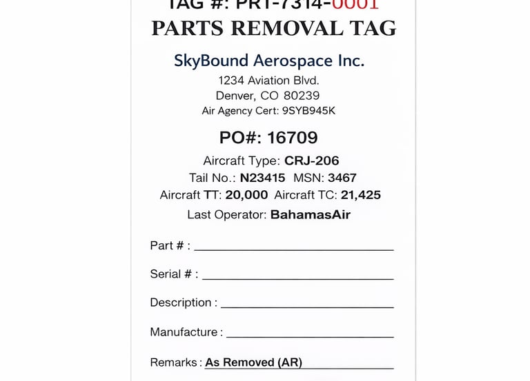 Air Avionics parts removal tag for SkyBound Aerospace featuring tail number N23415 and CRJ-206 aircraft type.