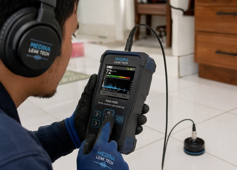 Teknisi menggunakan alat detektor kebocoran air akustik digital untuk mencari pipa bocor di rumah Bandung