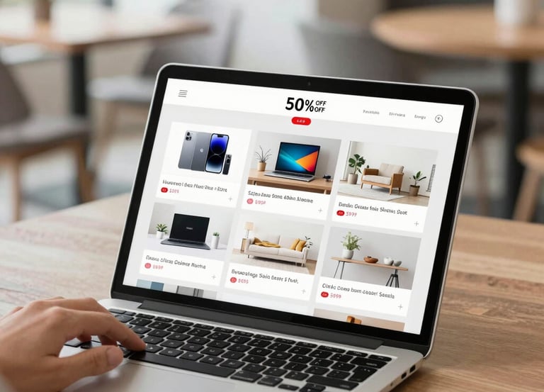 A cheerful person holding a smartphone showing a daily deal notification with shopping bags around.