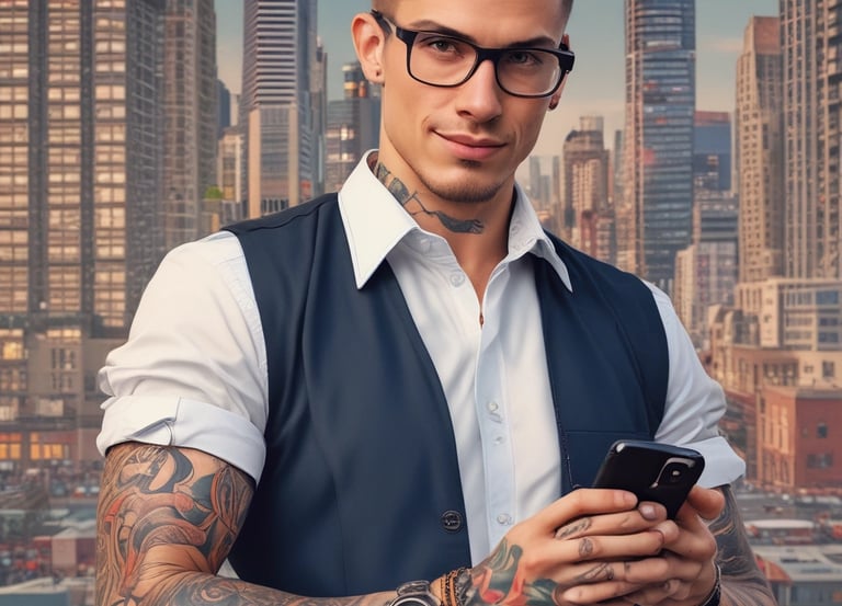 A confident tradie speaking on a phone with a digital interface overlay showing AI call management.