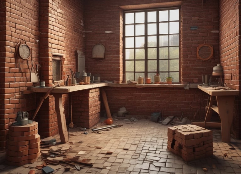 A skilled mason carefully laying bricks on a residential wall under warm natural light.