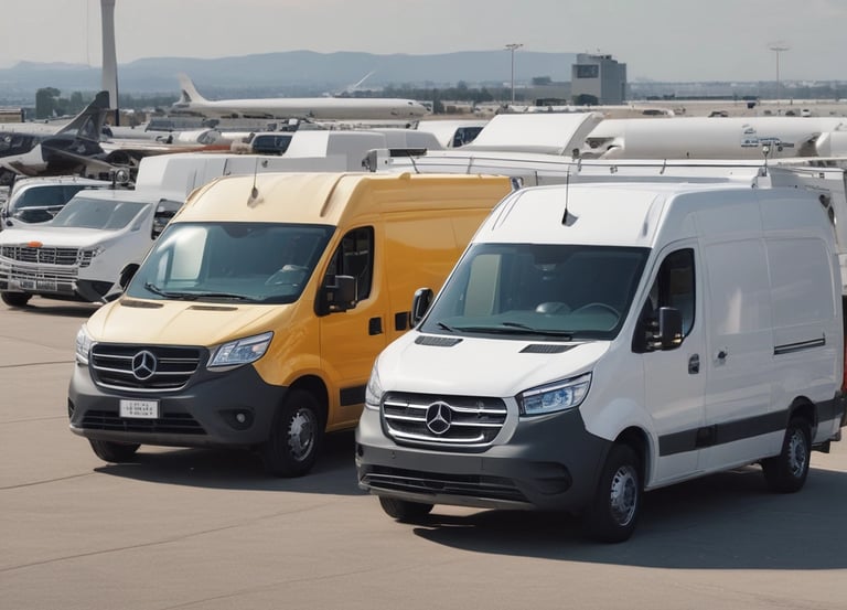 A fleet of trucks lined up ready for regional freight delivery under a clear sky.