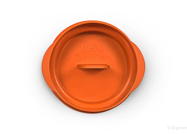 ERGOVENT AERO PRO end cap D75 orange plastic duct closure cap, top view showing ERGOVENT branding and tab grip