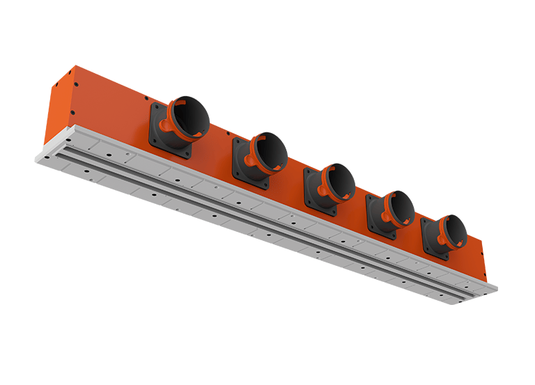 ERGOVENT LINEO-1000 Profile 2-slot linear diffuser body showing five duct connections and mounting frame