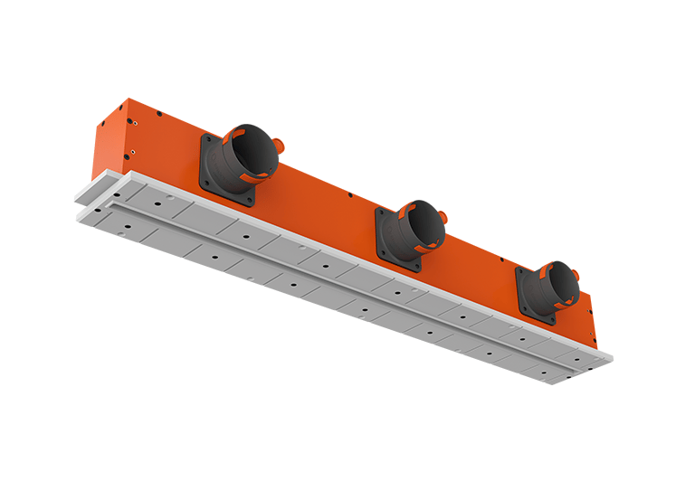ERGOVENT LINEO-1200 Profile linear diffuser body showing triple duct connections and mounting frame
