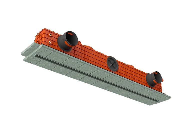 ERGOVENT LINEO PRO PROFILE 75-90 angled view showing orange plenum body with round duct inlets and gray gypsum frame