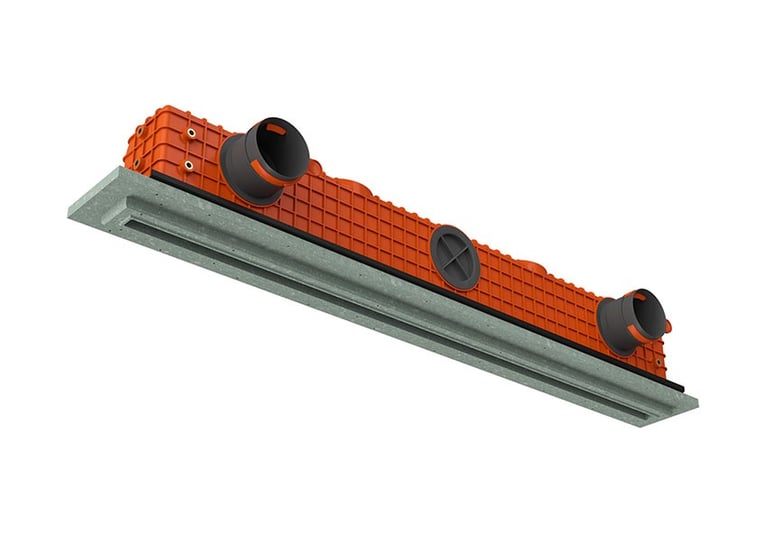 ERGOVENT LINEO PRO single-slot 75-90mm angled view showing orange plenum body with round duct inlets and gray gypsum frame