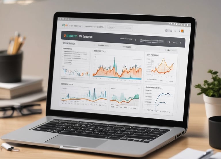 A laptop screen showing SEO analytics and keyword research charts
