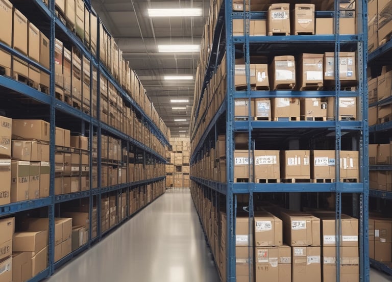 A delivery truck loaded with packages ready to depart from a busy warehouse.