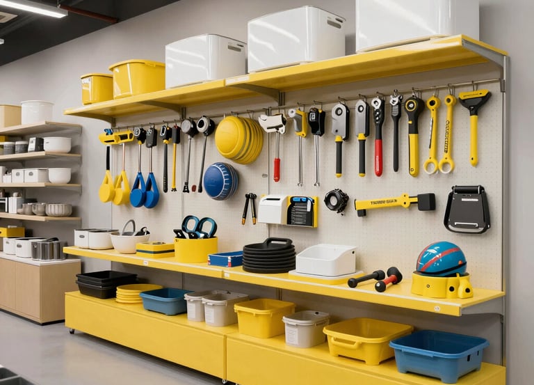 A vibrant collage showing tools, sports gear, and kitchen utensils arranged neatly.