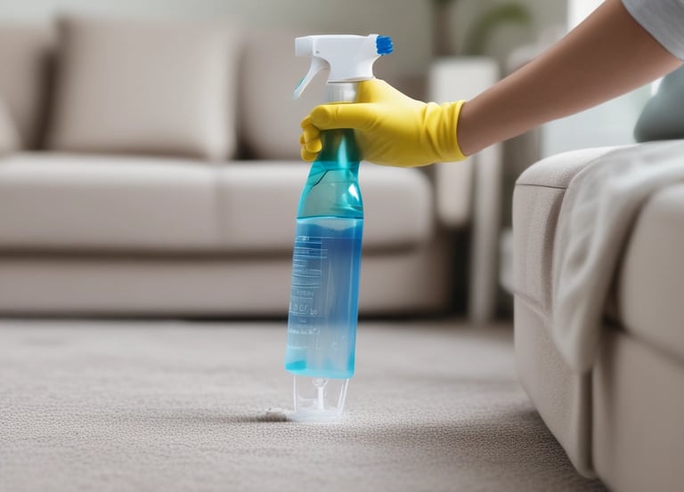 A friendly cleaner in navy blue uniform carefully dusting a bright, airy living room with electric blue accents.