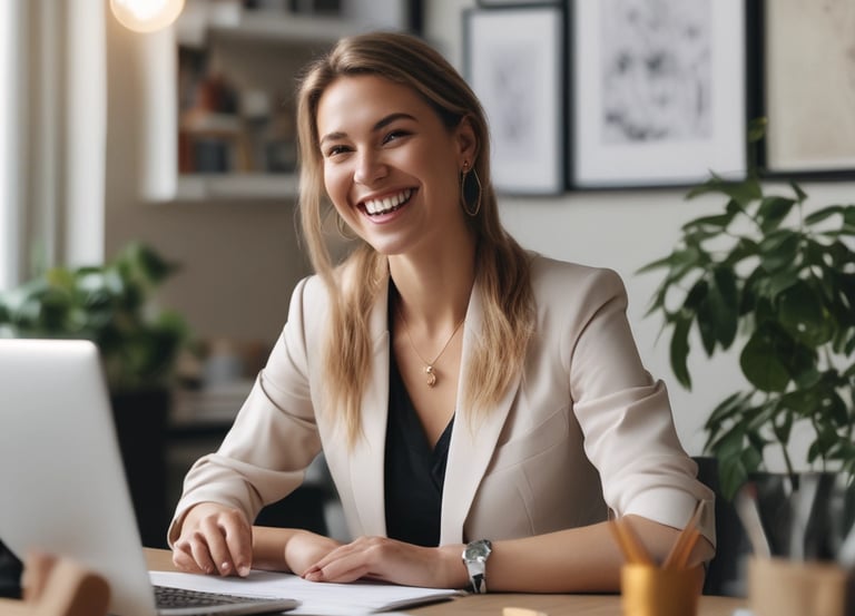 A confident woman smiling while working on her laptop in a cozy, elegant home office with golden and violet accents.